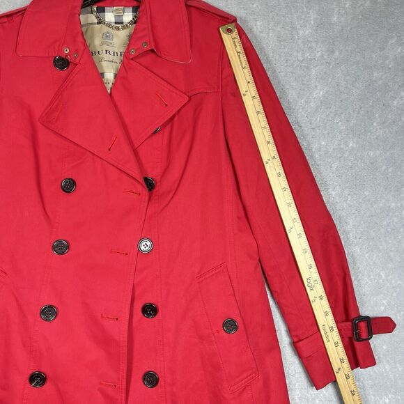 BURBERRY KENSINGTON Trench Coat Nova Check Lined Red Long Jacket Women Size 10 - Picture 8 of 16